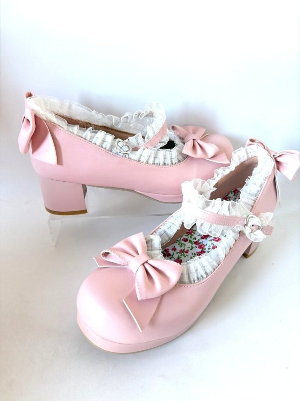Pink Mary Janes Platforms Lolita Style Lace Bow Block Heel Pumps Women Size 40